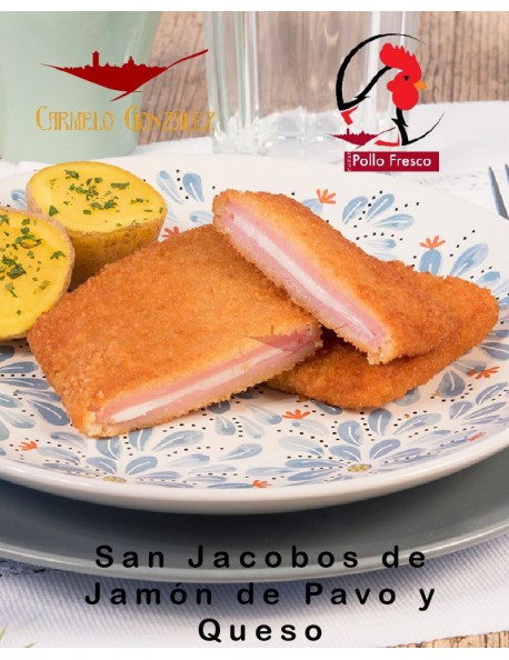 San Jacobos de pollo. Fiambre de calidad con carne de pollo y pavo relleno con queso y empanado.